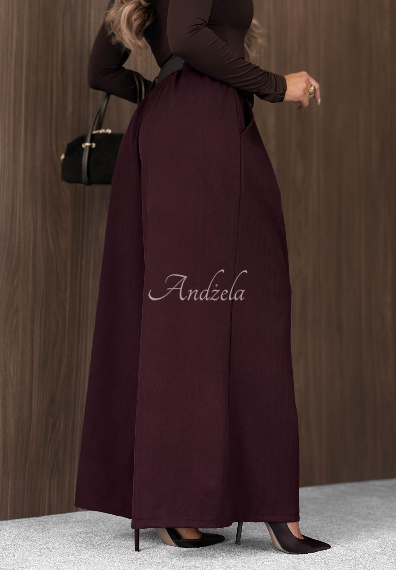 Látkové kalhoty wide leg s páskem Simple Elegance vínové