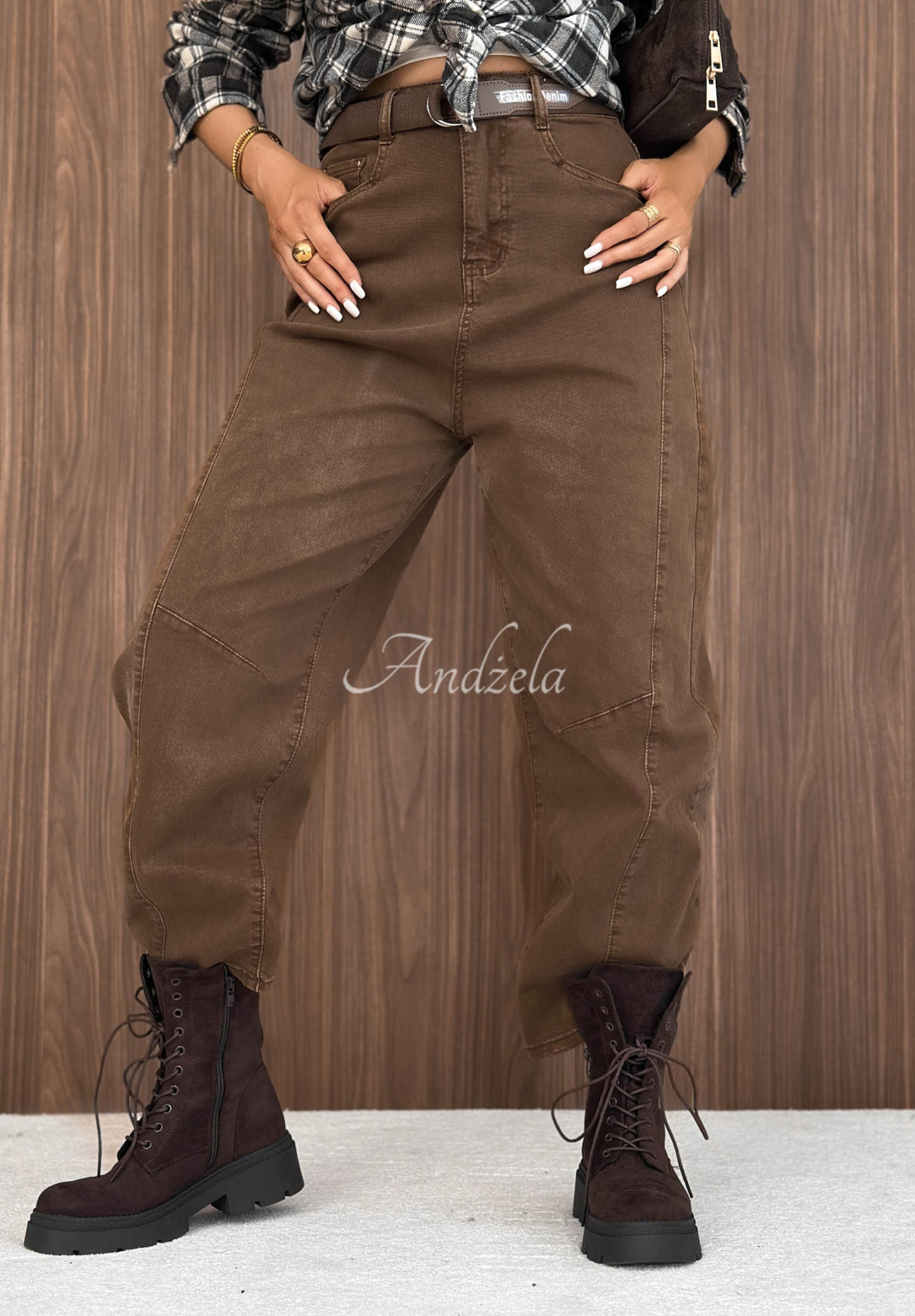 Džíny banana s páskem Dune Denim tmavě velbloudí