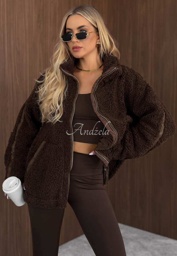 Kož&iacute;&scaron;kov&aacute; bunda sherpa se stoj&aacute;čkem Cozy Darling čokol&aacute;dov&aacute;