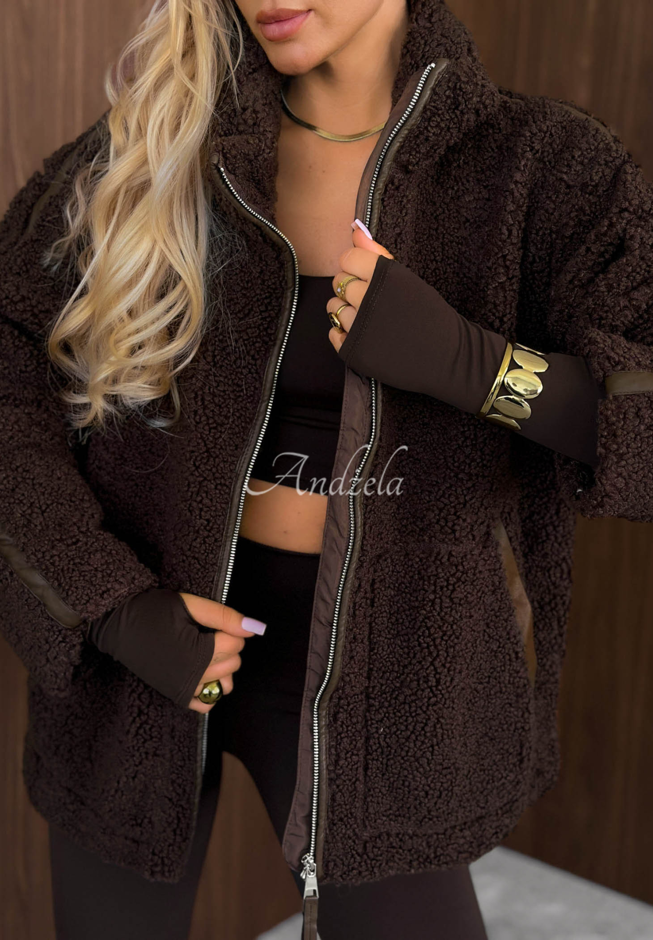 Kožíšková bunda sherpa se stojáčkem Cozy Darling čokoládová