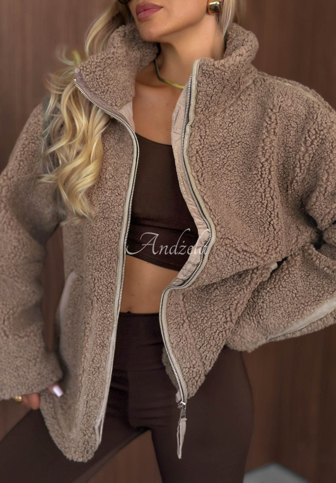 Kožíšková bunda sherpa se stojáčkem Cozy Darling Mokka