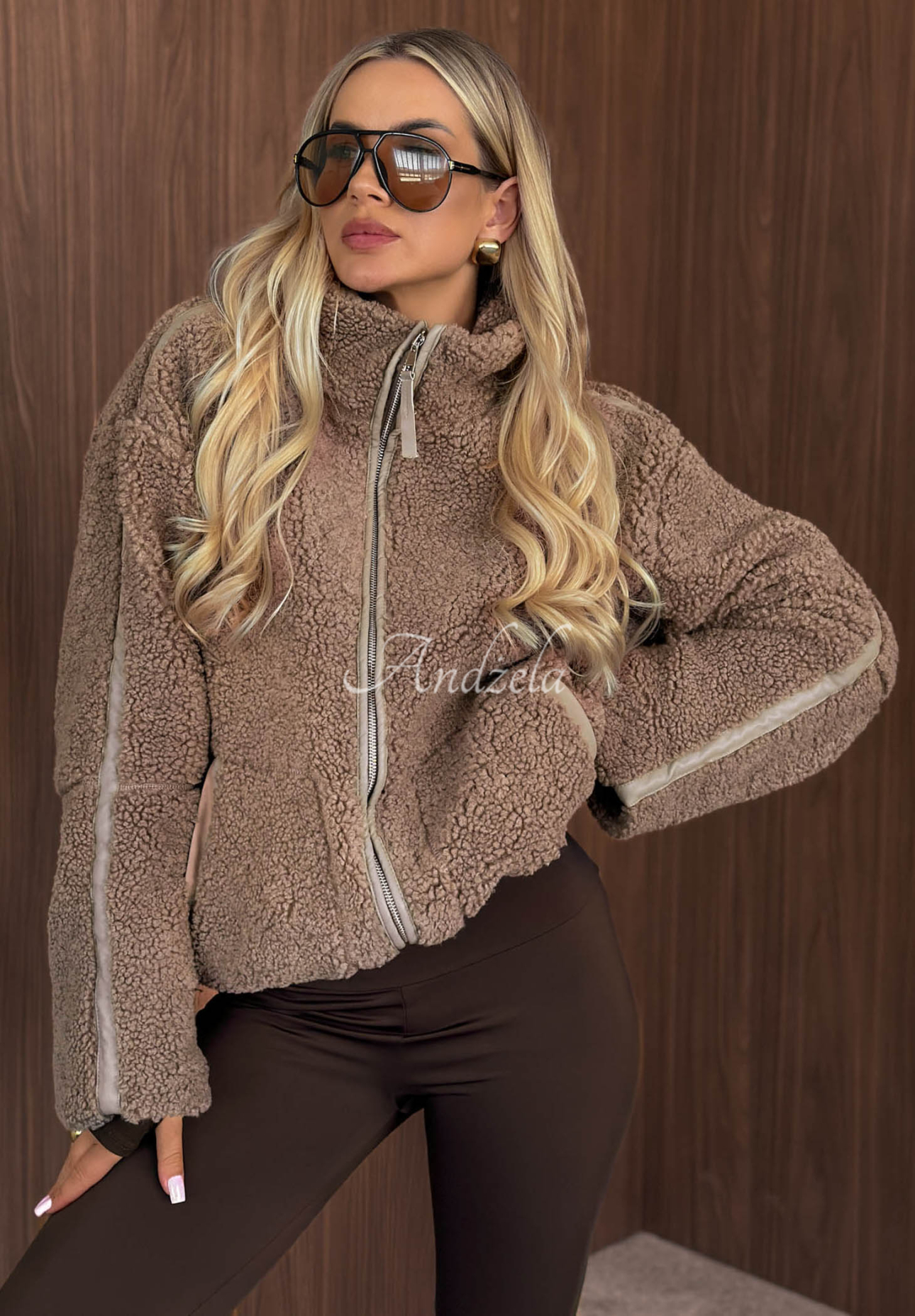 Kožíšková bunda sherpa se stojáčkem Cozy Darling Mokka
