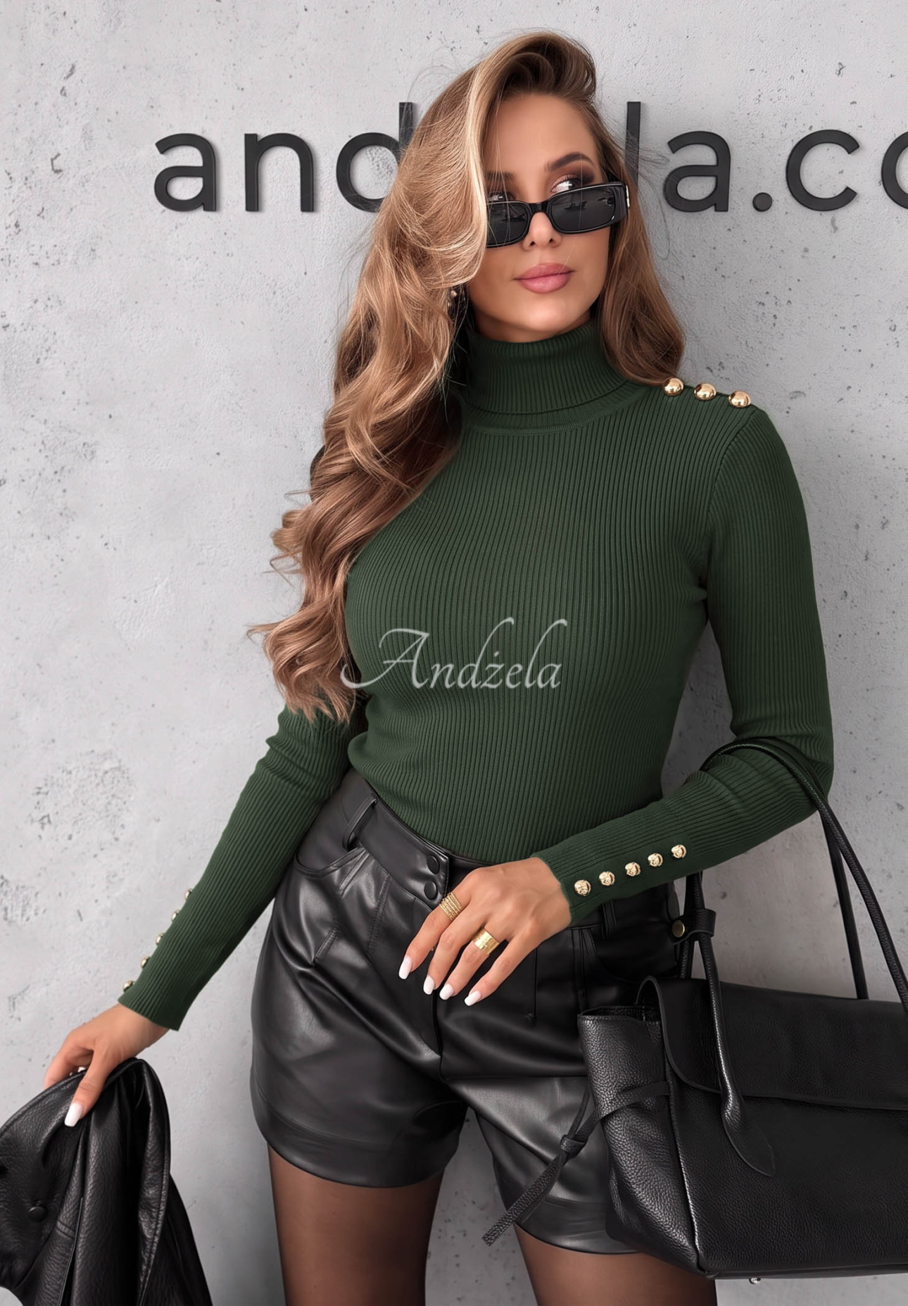 Žebrovaná viskózová halenka s dlouhým rukávem Essential Fit khaki