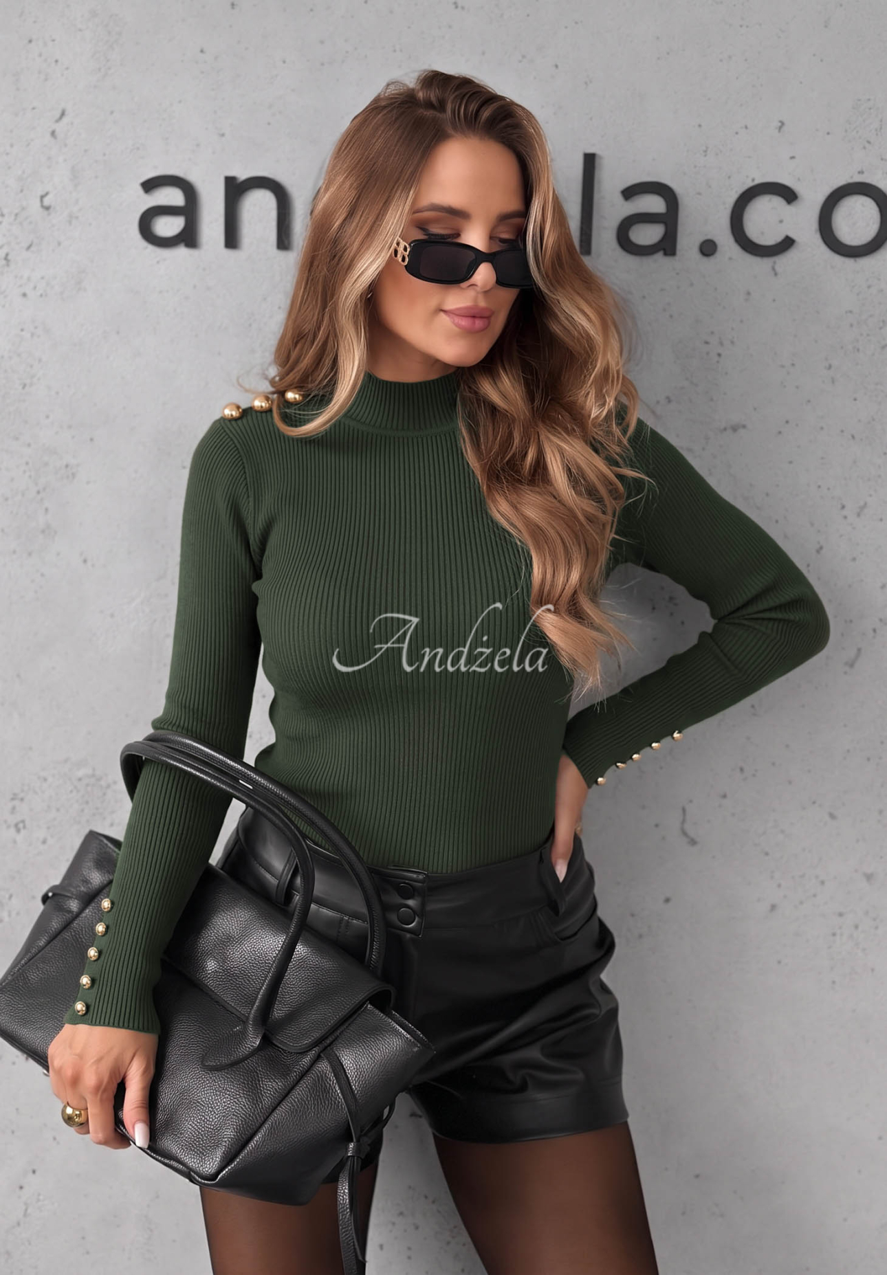 Žebrovaná viskózová halenka s dlouhým rukávem Essential Fit khaki
