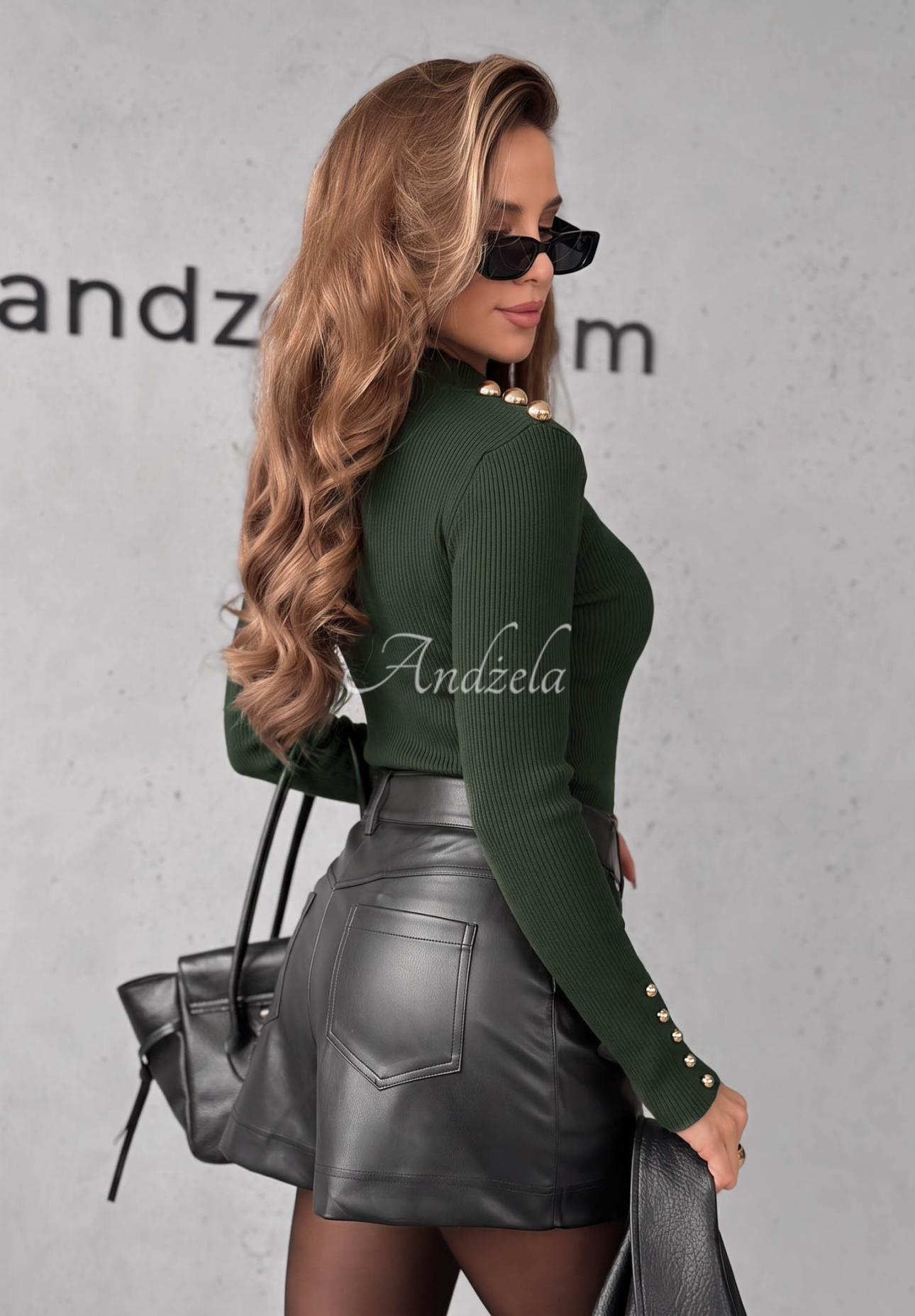 Žebrovaná viskózová halenka s dlouhým rukávem Essential Fit khaki