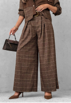 materiálové Kalhoty wide leg w kratę z paskiem Second Coffee čokoládové