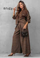 materiálové Kalhoty wide leg w kratę z paskiem Second Coffee čokoládové
