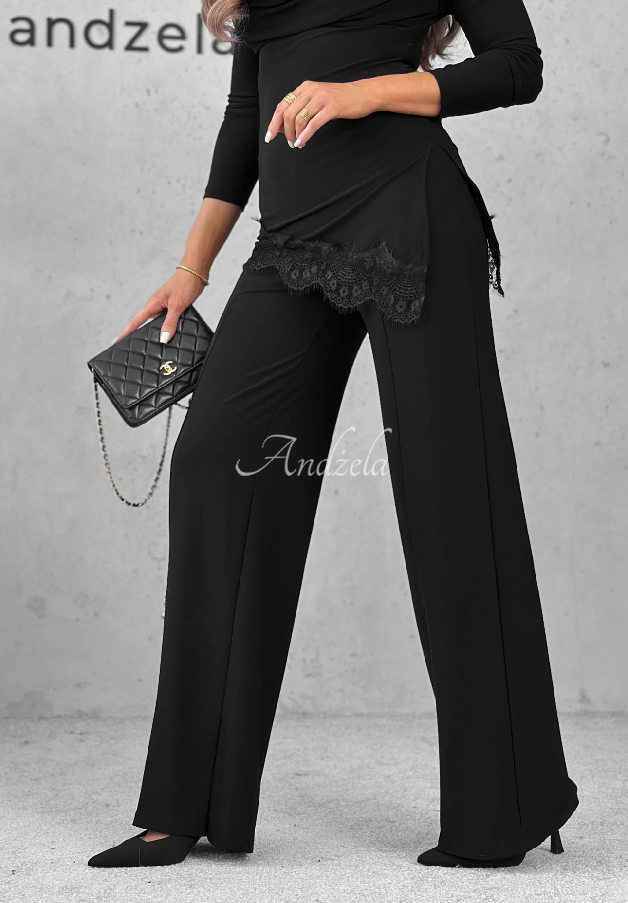 Elegantní souprava halenky s krajkou a kalhot Boss Babe Černé