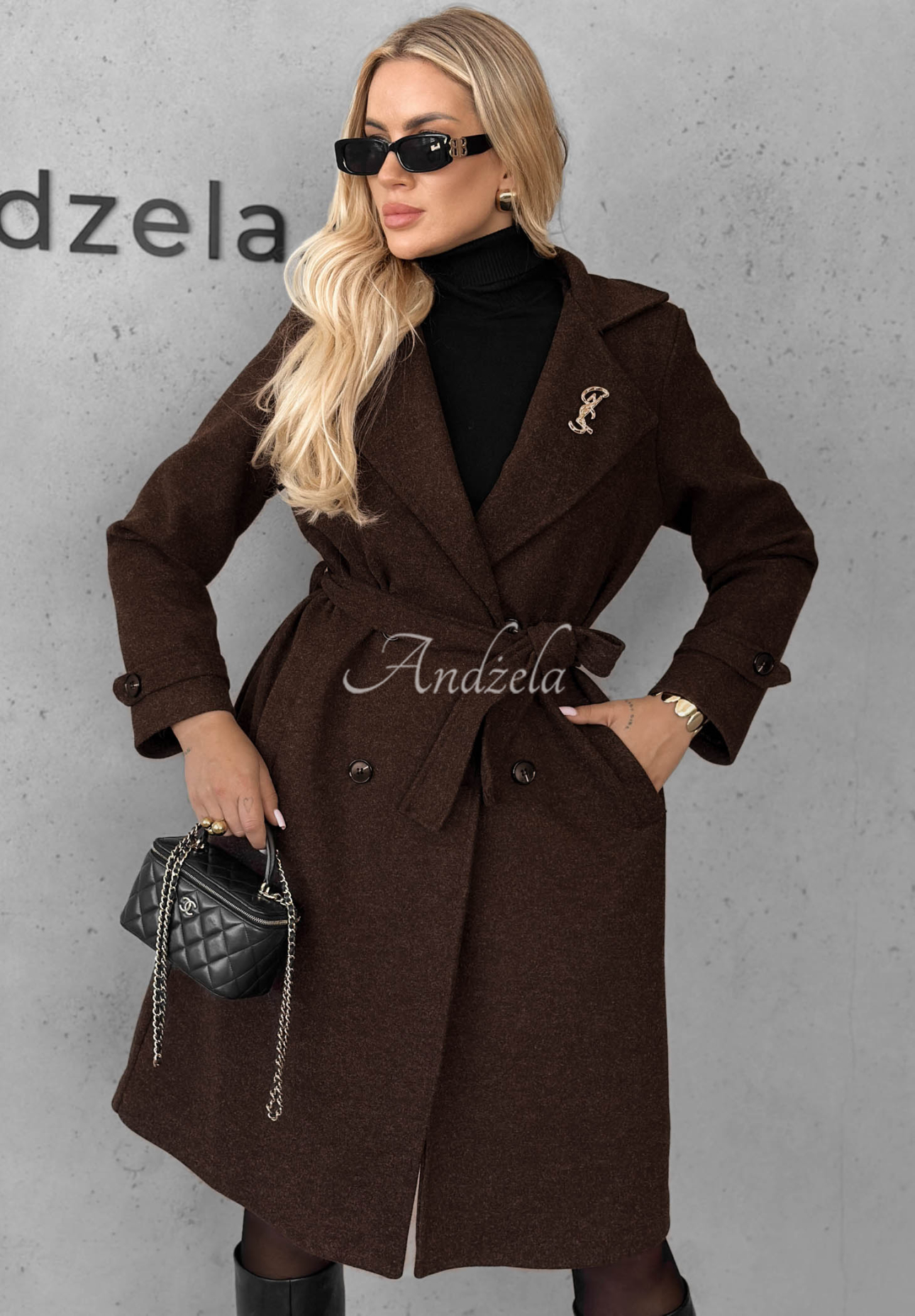 Dlouhý kabát s límcem a páskem Maple Street čokoládový