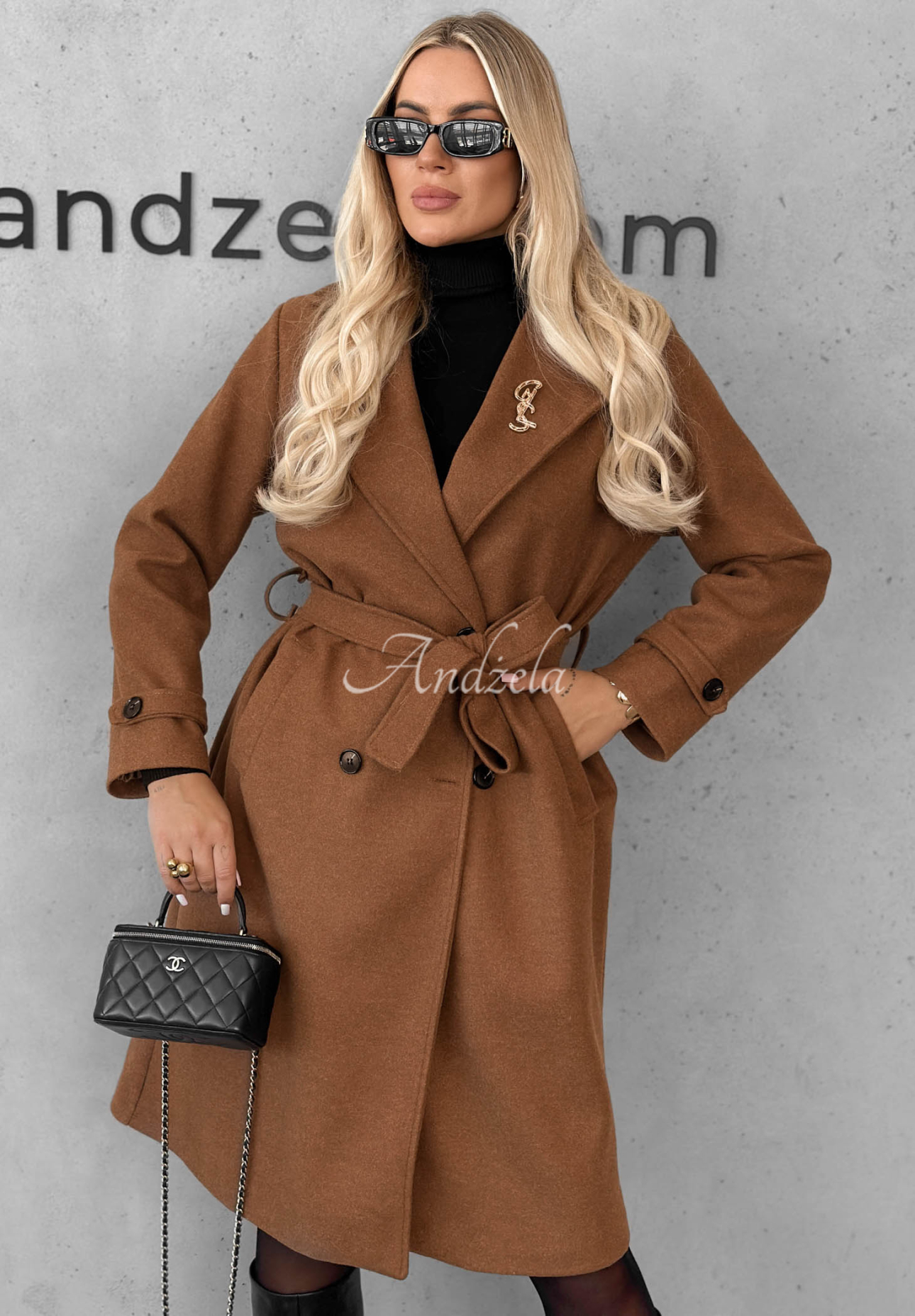 Dlouhý kabát s límcem a páskem Maple Street velbloudí