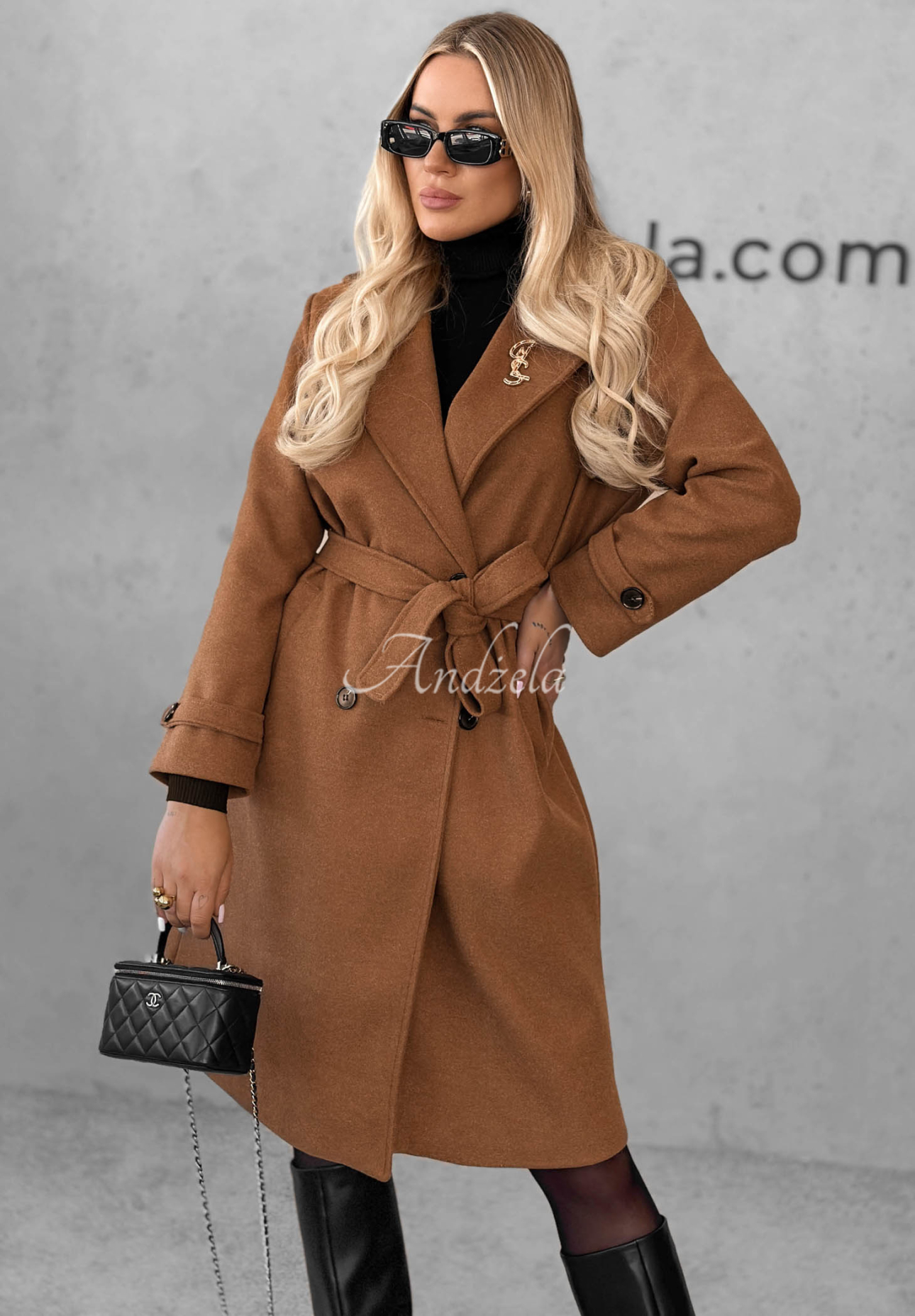 Dlouhý kabát s límcem a páskem Maple Street velbloudí