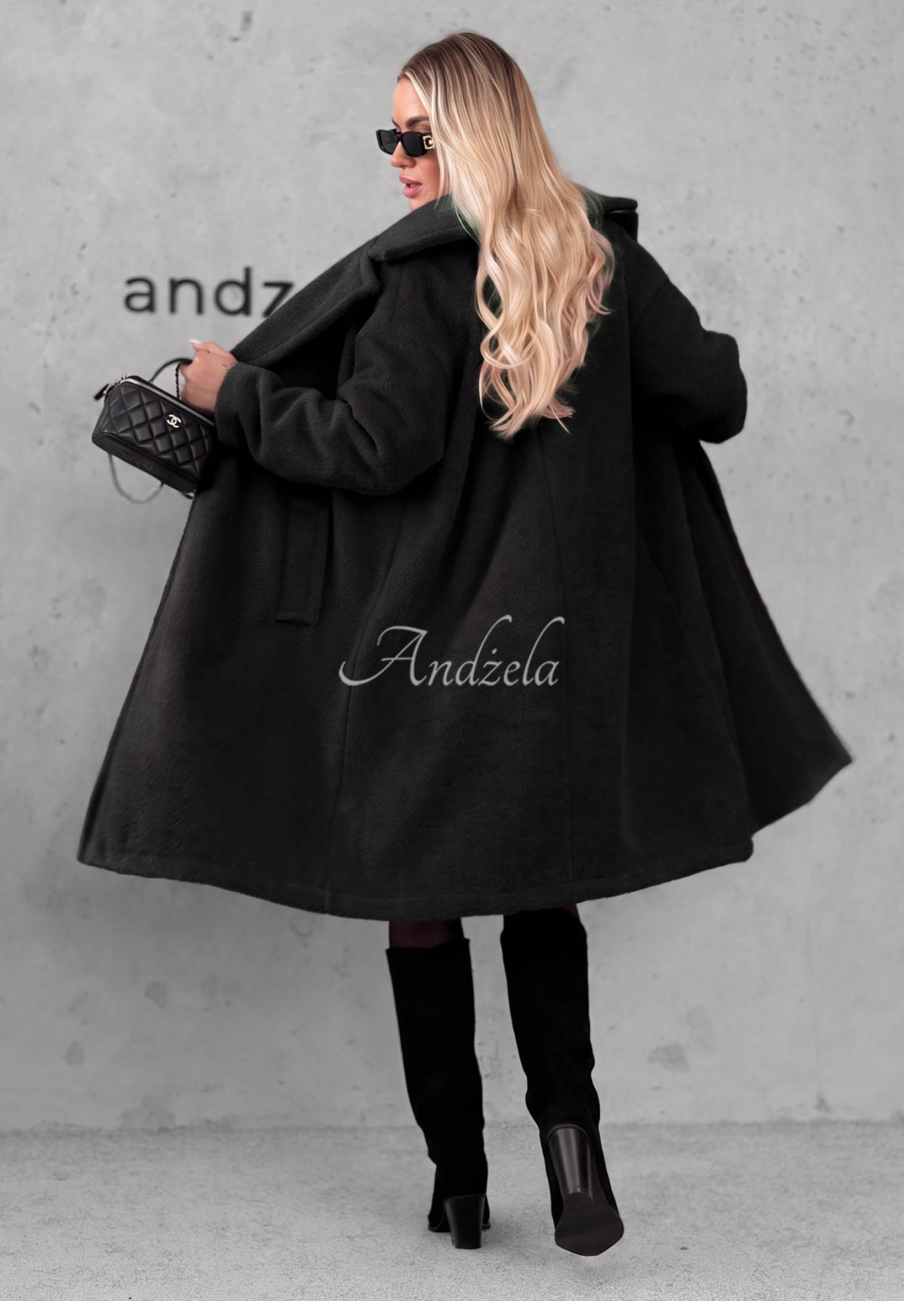 Dlouhý kožíškový kabát s vlnou a viskózou Warm Story Černé