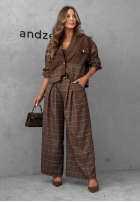 materiálové Kalhoty wide leg w kratę z paskiem Second Coffee čokoládové
