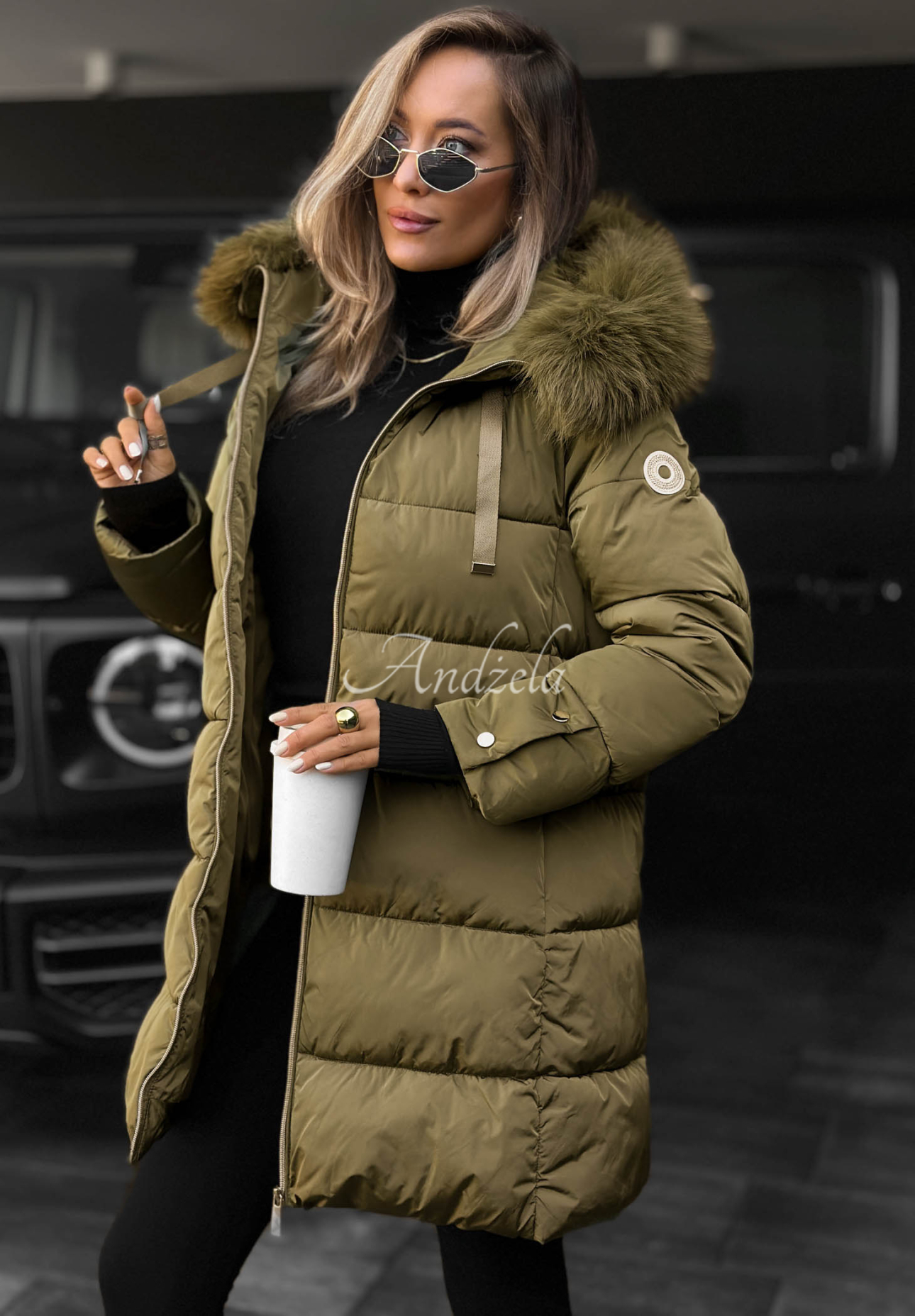 Dlouhá prošívaná bunda s kožešinou Winter Sunday khaki