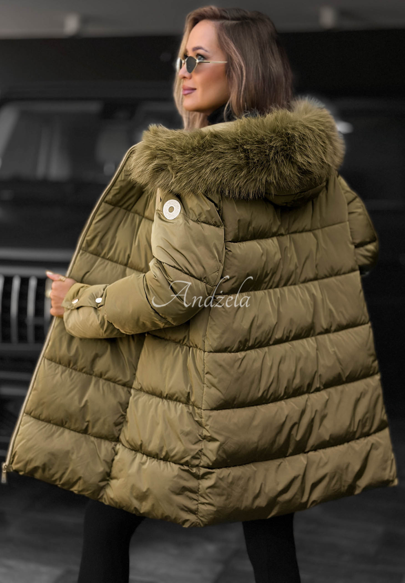 Dlouhá prošívaná bunda s kožešinou Winter Sunday khaki