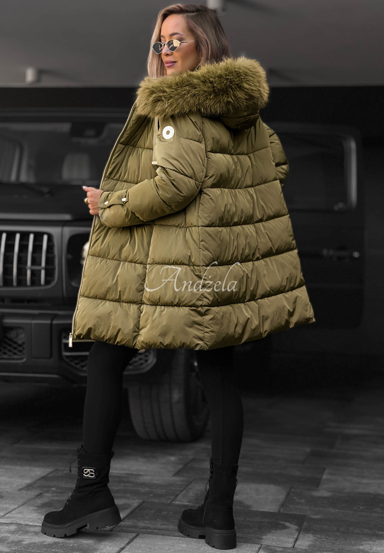 Dlouhá prošívaná bunda s kožešinou Winter Sunday khaki