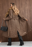 Dlouhý Kabát w kratę z futerkiem i paskiem Miss Fall velbloudí