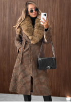 Dlouhý Kabát w kratę z futerkiem i paskiem Miss Fall velbloudí