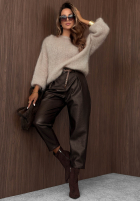 Skórzane Kalhoty mom fit z paskiem Pretty Autumn čokoládové