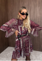 Wzorzysta Šaty mini z falbankami Autumn Memory vínová