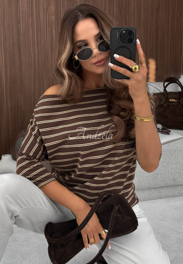 Bavlněn&aacute; pruhovan&aacute; halenka Soft Nostalgia čokol&aacute;dov&aacute;