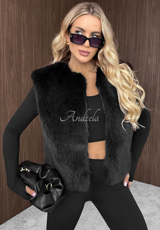 Kr&aacute;tk&aacute; kože&scaron;inov&aacute; vesta Cozy Fur čern&aacute;
