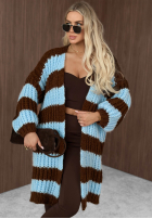 Dlouhý kardigan oversize z bufiastymi rękawami w paski October Charm niebiesko-čokoládový