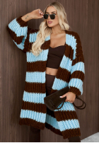 Dlouhý kardigan oversize z bufiastymi rękawami w paski October Charm niebiesko-čokoládový