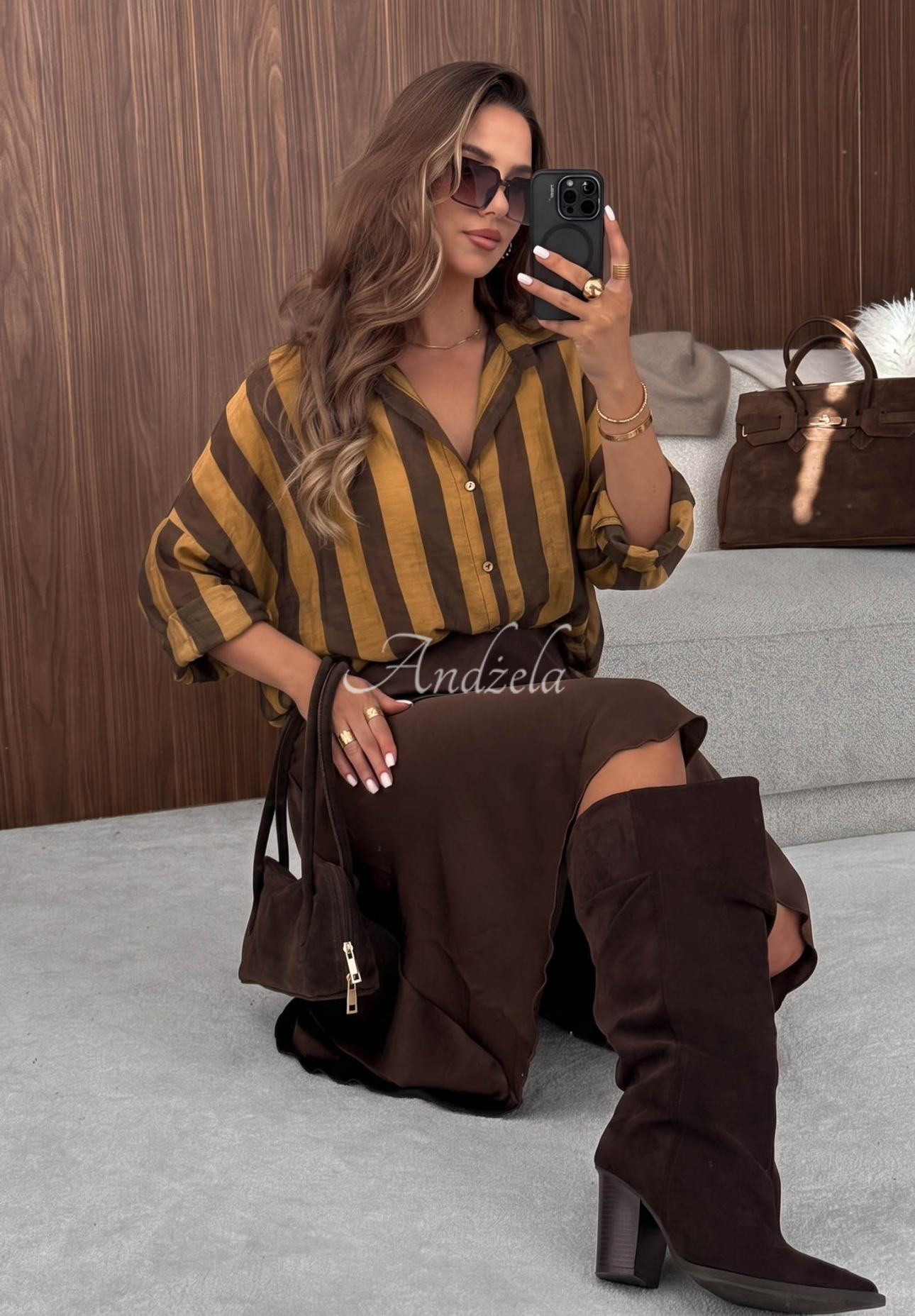Oversize pruhovaná košile z lyocellu Honey Sun čokoládovo-olivová