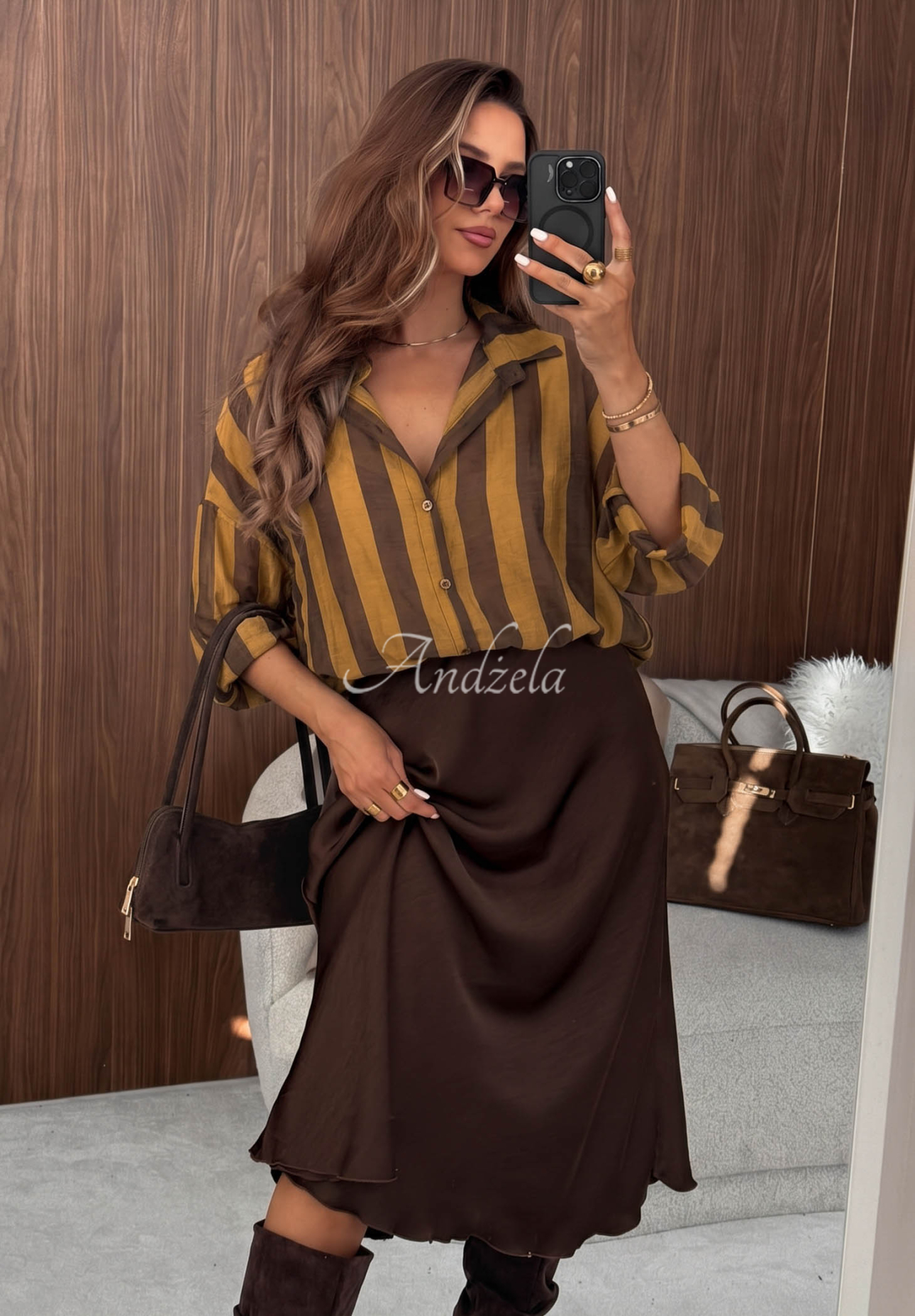 Oversize pruhovaná košile z lyocellu Honey Sun čokoládovo-olivová