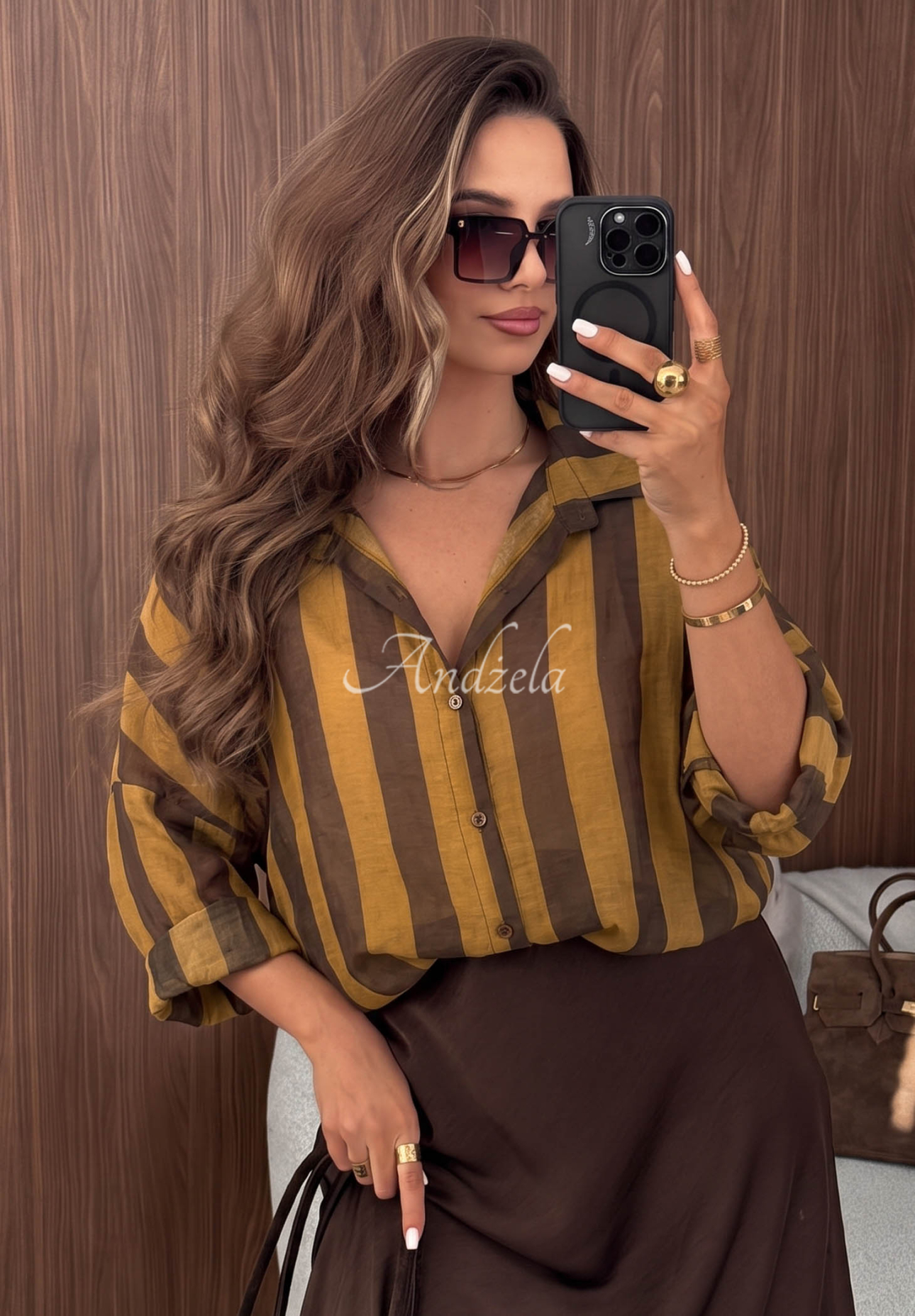 Oversize pruhovaná košile z lyocellu Honey Sun čokoládovo-olivová