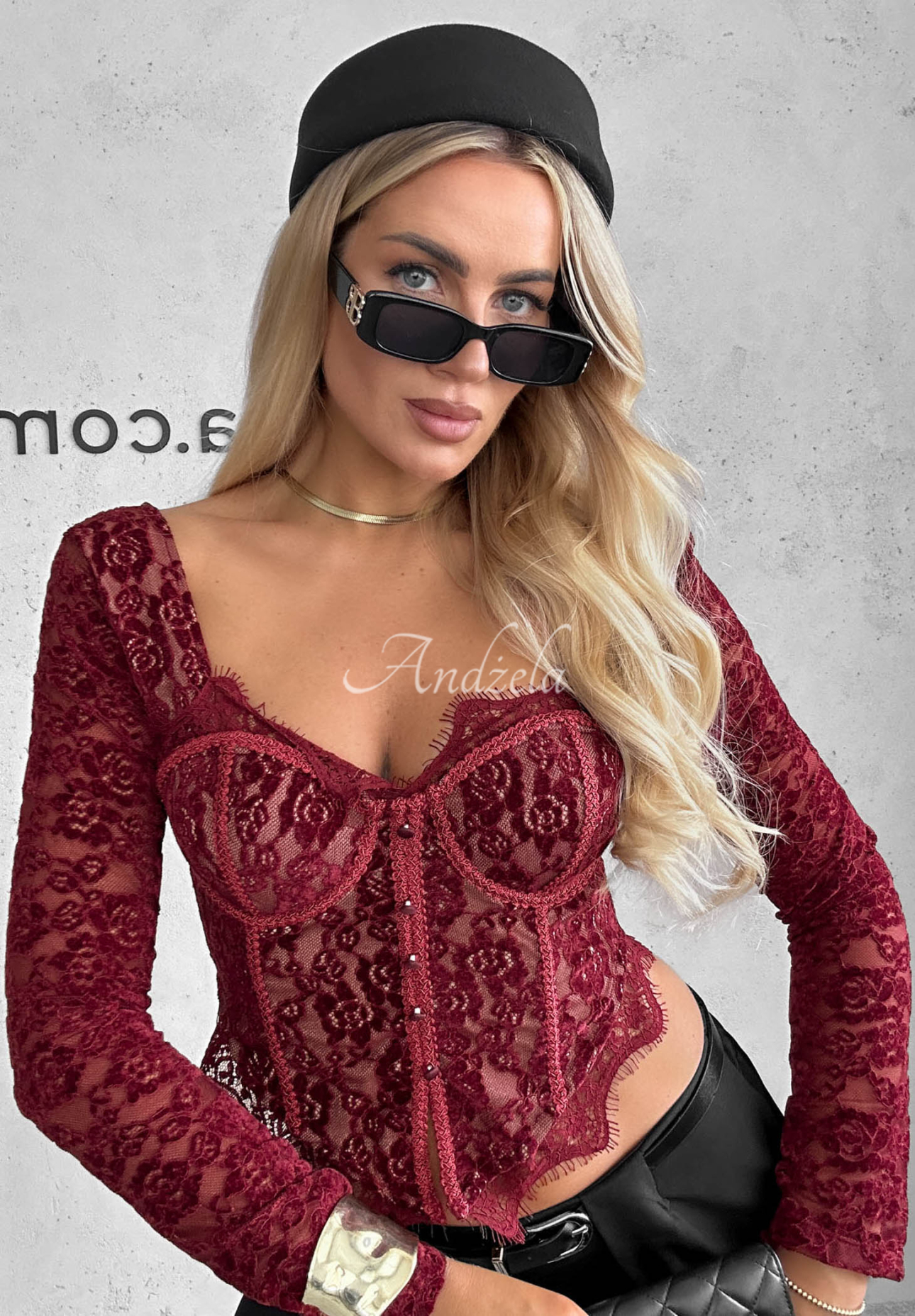 Korzetová halenka s dlouhým rukávem z krajky Pure Seduction vínová