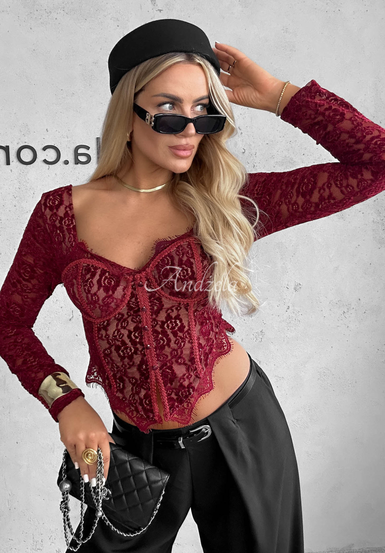 Korzetová halenka s dlouhým rukávem z krajky Pure Seduction vínová
