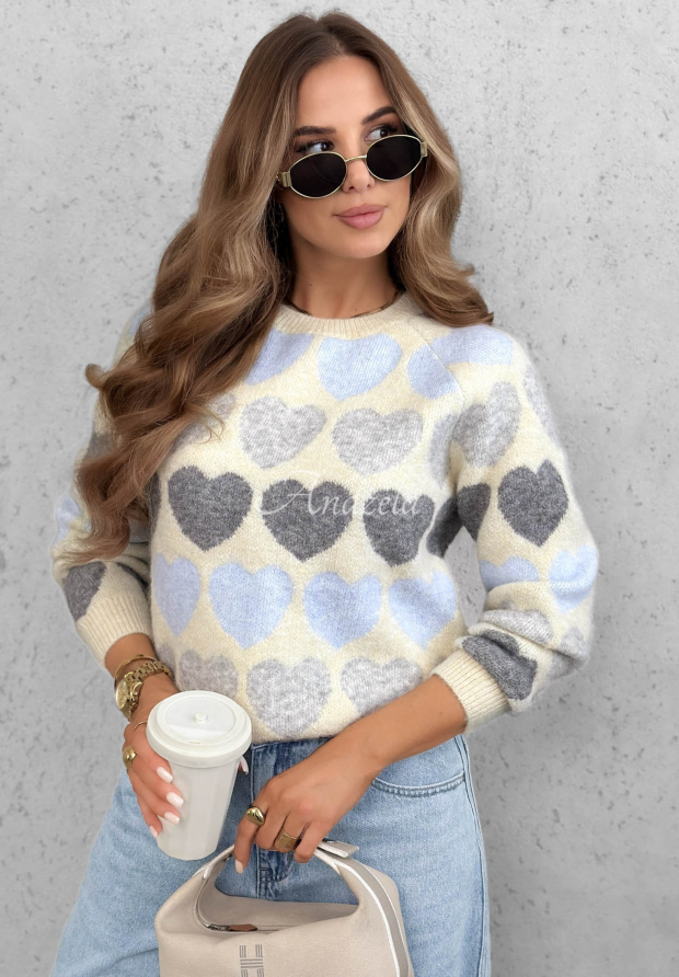 Měkk&yacute; svetr s vlnou a srd&iacute;čky Soft Hearts b&eacute;žovo-blankytn&yacute;