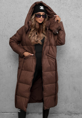 Dlouhá péřová bunda s kapucí Want Winter čokoládová