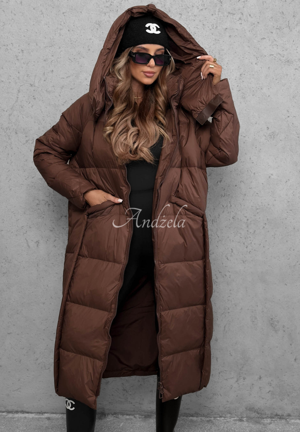 Dlouh&aacute; p&eacute;řov&aacute; bunda s kapuc&iacute; Want Winter čokol&aacute;dov&aacute;