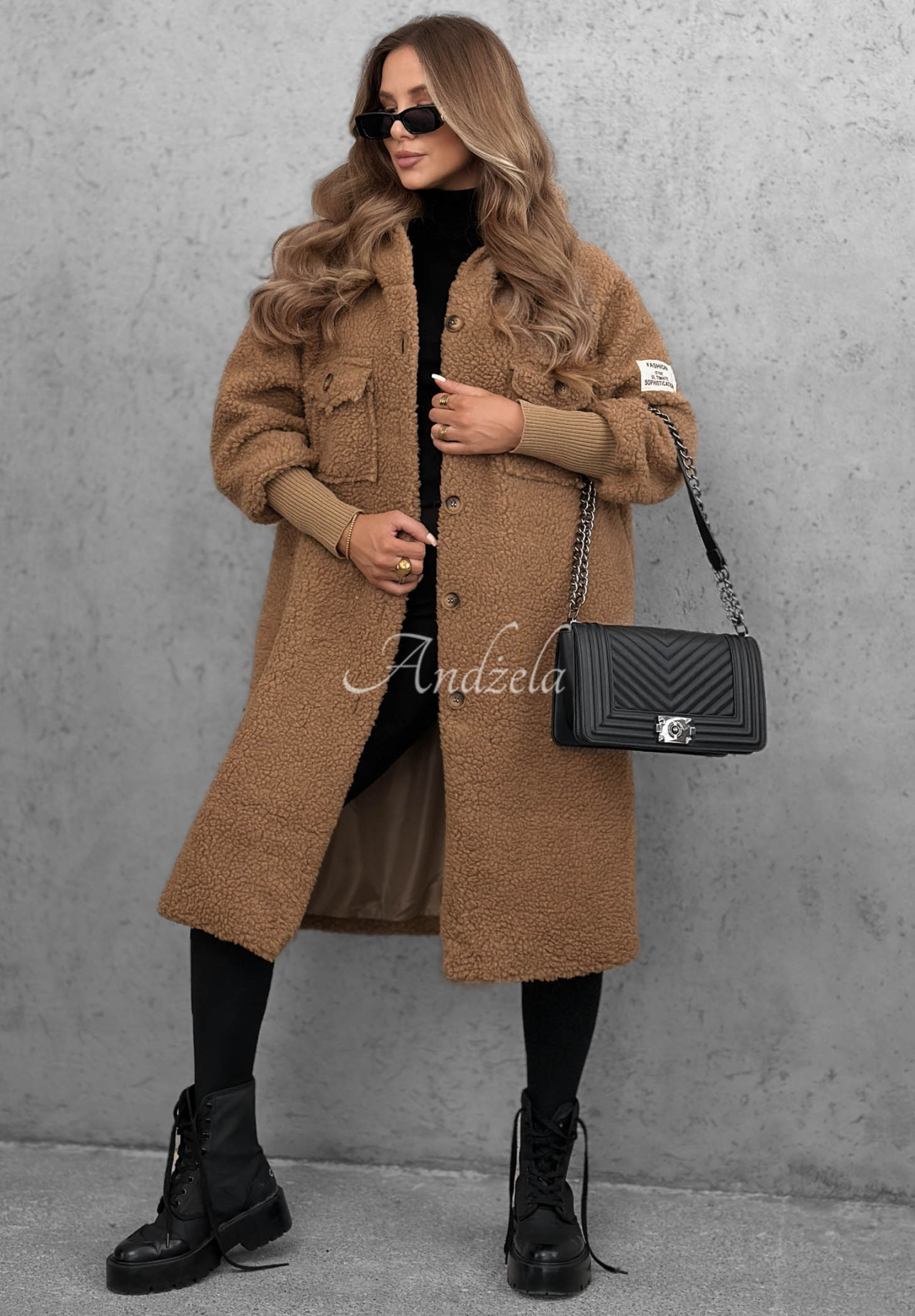 Dlouhý kožíškový kabát s kapucí Aspen Babe velbloudí