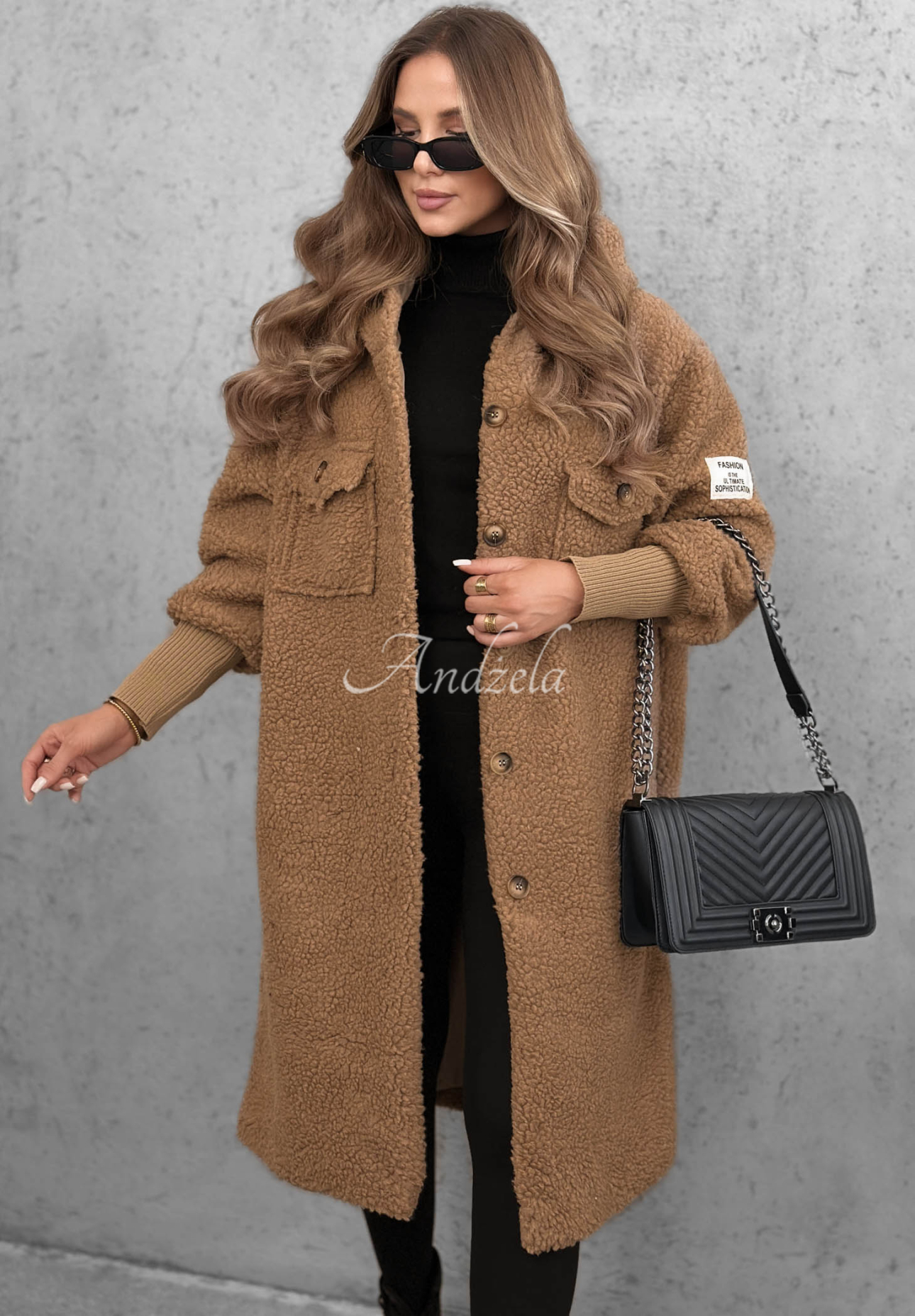 Dlouhý kožíškový kabát s kapucí Aspen Babe velbloudí