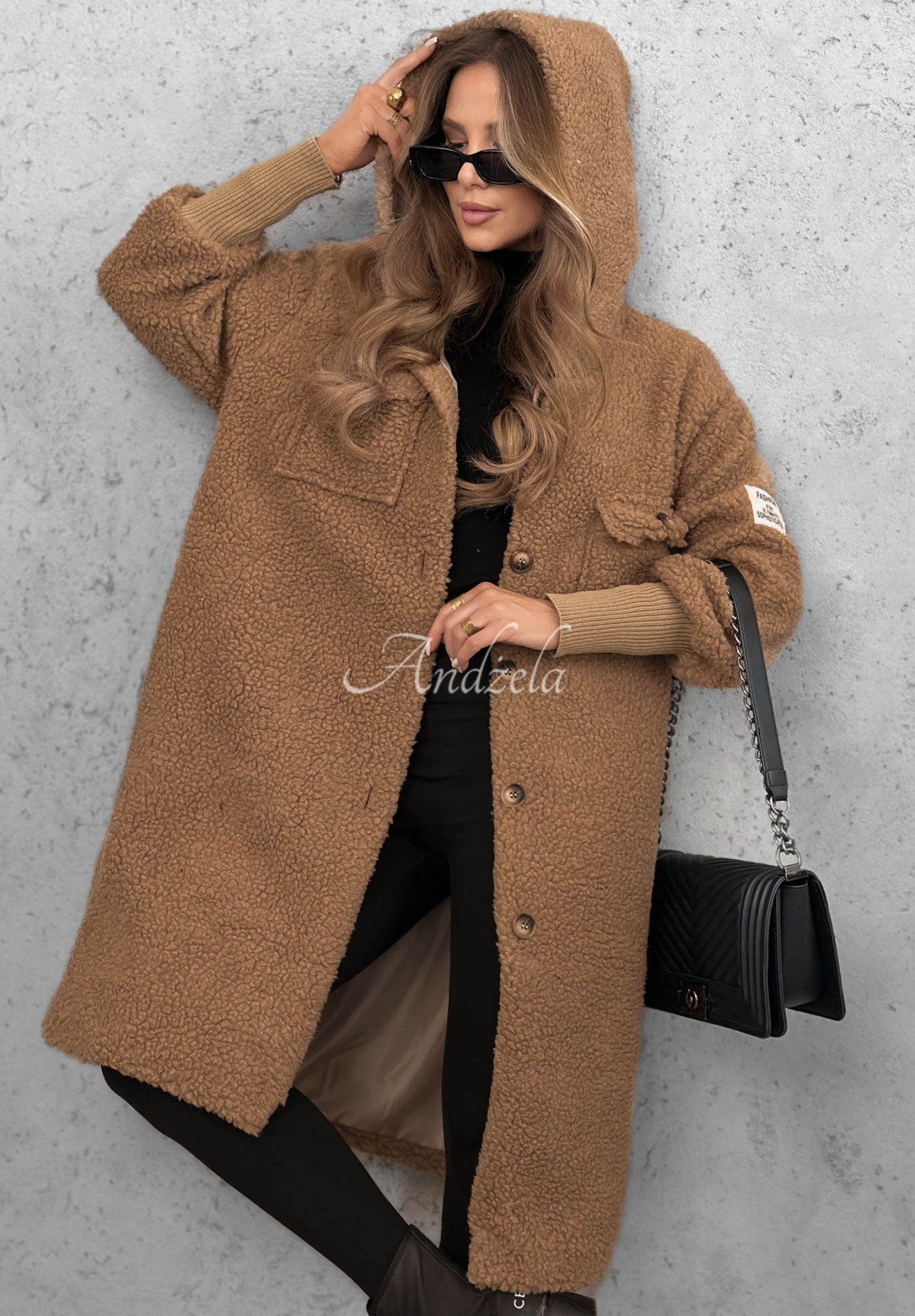 Dlouhý kožíškový kabát s kapucí Aspen Babe velbloudí