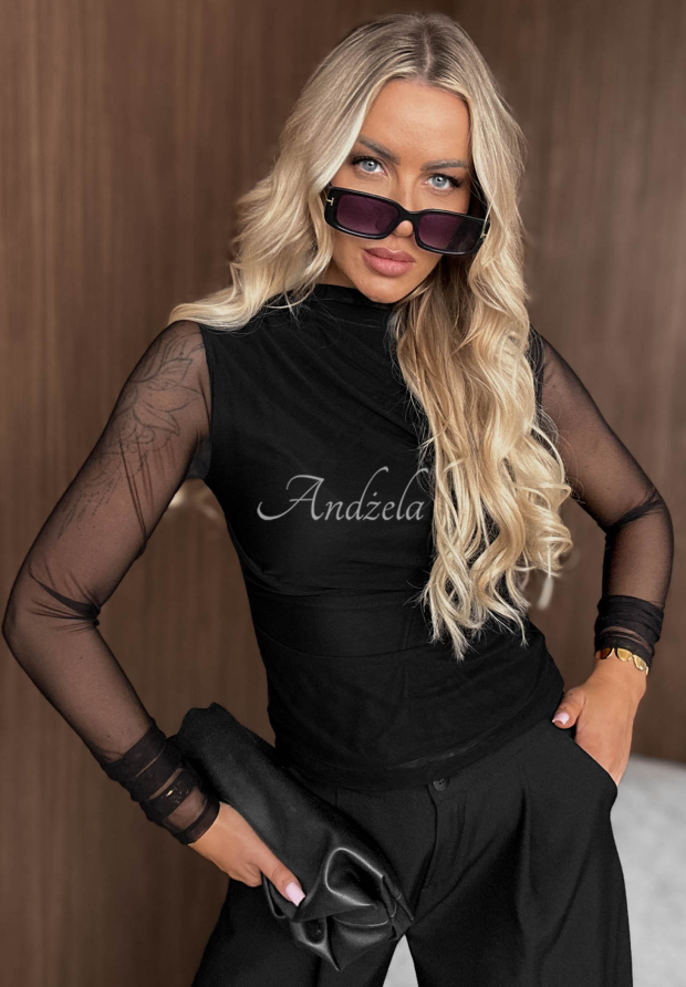 S&iacute;ťovan&aacute; halenka s dlouh&yacute;m ruk&aacute;vem a řasen&iacute;m Femme Fatale čern&aacute;