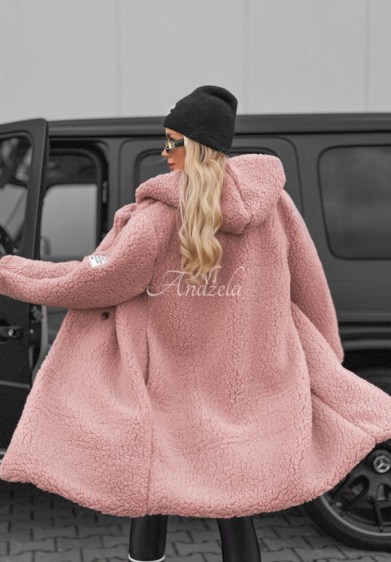 Dlouhý beránkový kabát s kapucí a bavlnou Frost Lady pudrová růžová