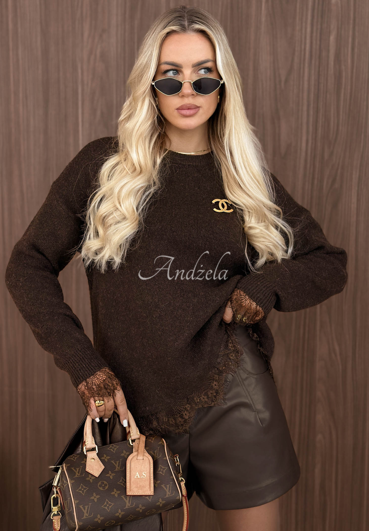Oversize svetr s vlnou a krajkou Cozy Softness čokoládový