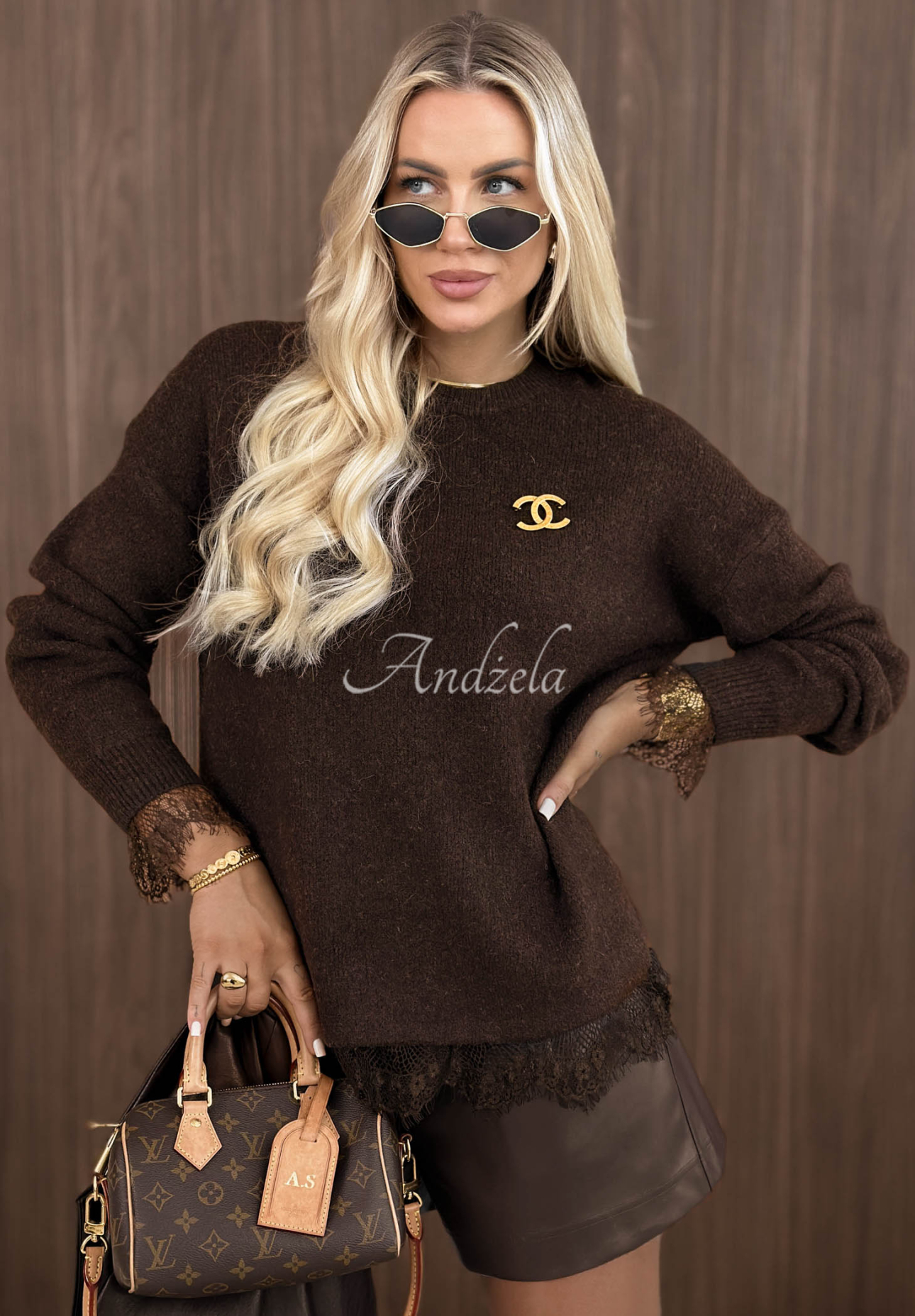 Oversize svetr s vlnou a krajkou Cozy Softness čokoládový