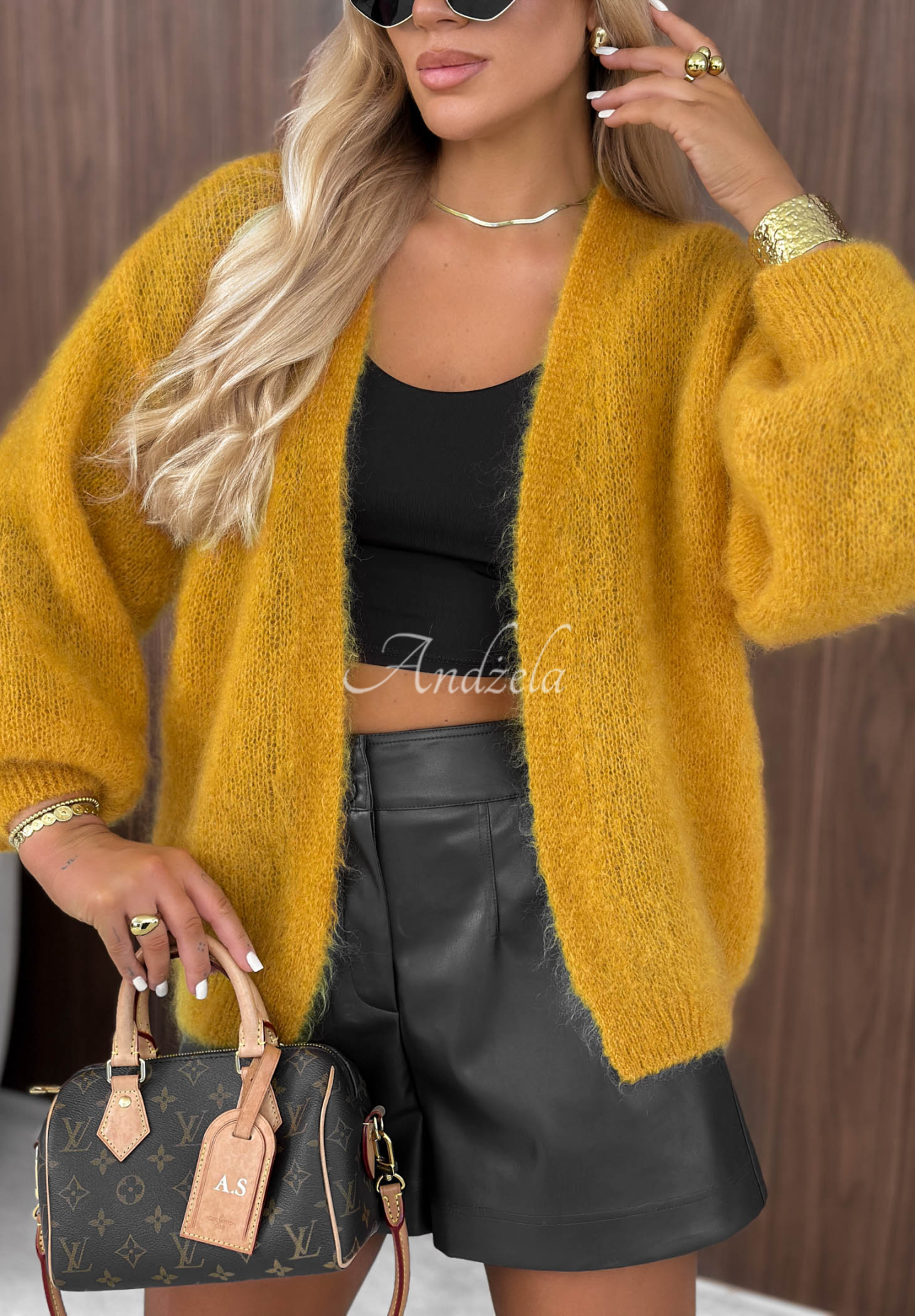 Oversize kardigan s mohérem bez zapínání Cozy Latte hořčicový