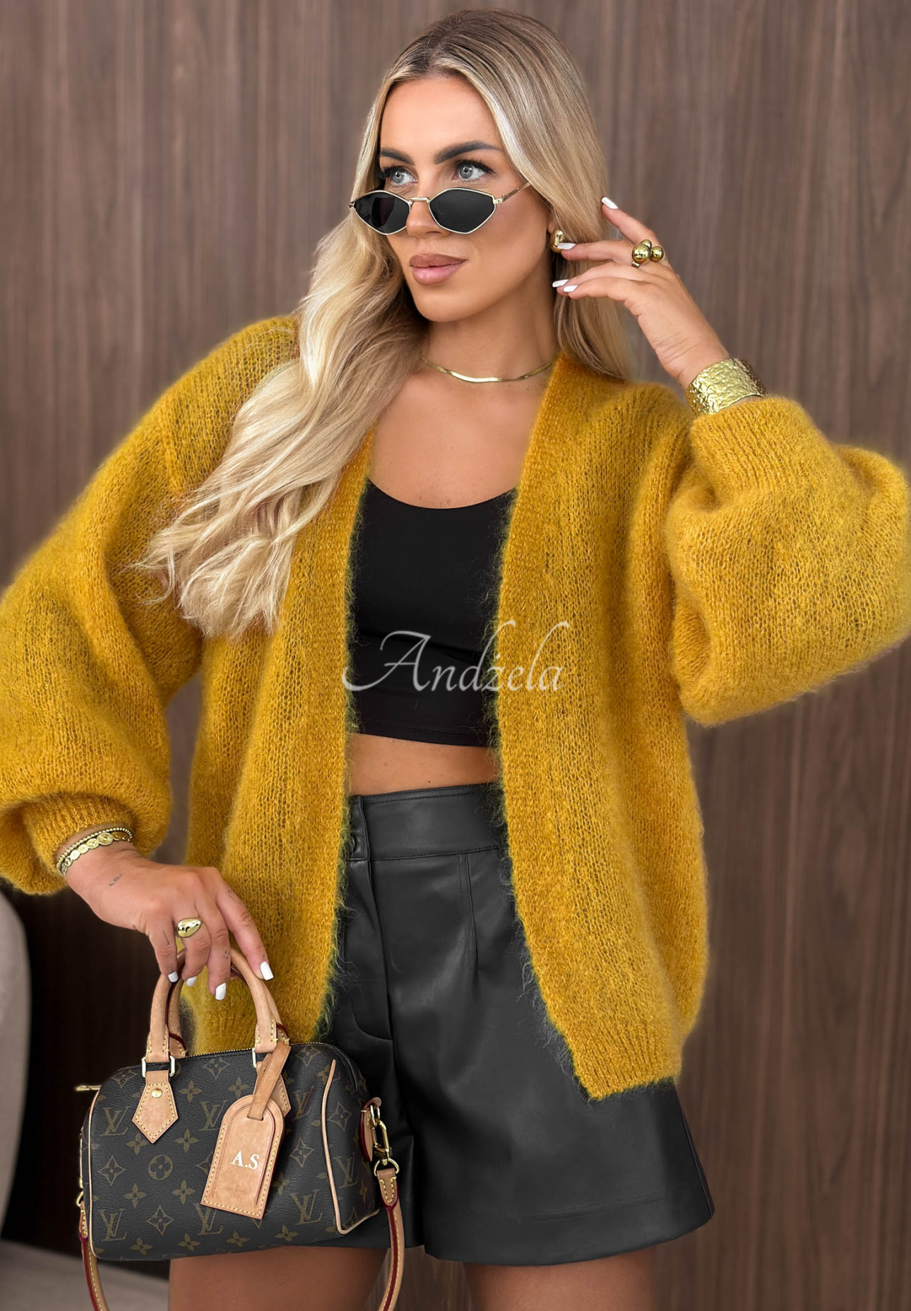 Oversize kardigan s mohérem bez zapínání Cozy Latte hořčicový