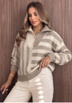 Svetr w paski z rozpinanym kołnierzem Cozy Stripe béžový