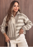 Svetr w paski z rozpinanym kołnierzem Cozy Stripe béžový