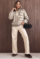 Svetr w paski z rozpinanym kołnierzem Cozy Stripe béžový