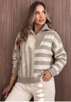 Svetr w paski z rozpinanym kołnierzem Cozy Stripe béžový
