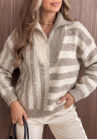 Svetr w paski z rozpinanym kołnierzem Cozy Stripe béžový
